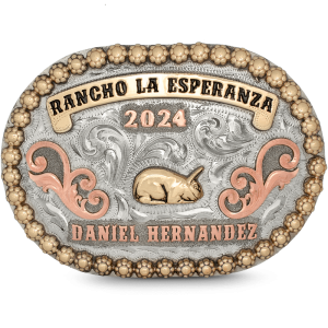 A custom belt buckle for kids featuing a rabbit figure with personalized lettering for Rancho La Esperanza